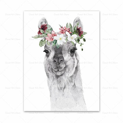 Horse Bunny Llama Giraffe Cat and Flowers Wall Art Canvas