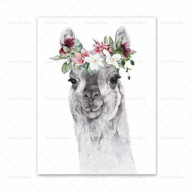 Horse Bunny Llama Giraffe Cat and Flowers Wall Art Canvas