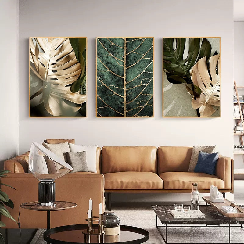 Abstract Golden Leaves Monstera Wall Art Canvas