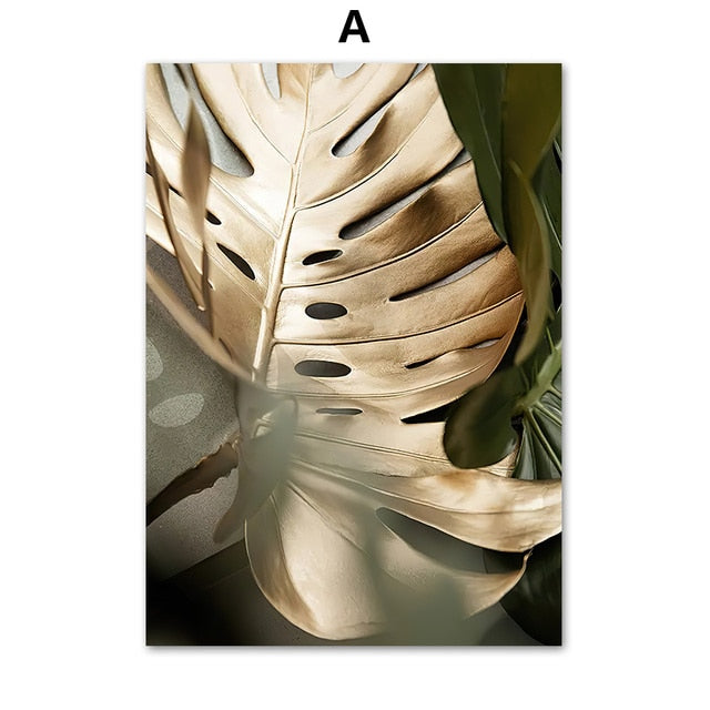 Abstract Golden Leaves Monstera Wall Art Canvas