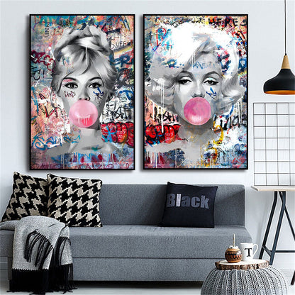 Marilyn Monroe And Audrey Hepburn Pink Bubble Graffiti Pop Art Canvas