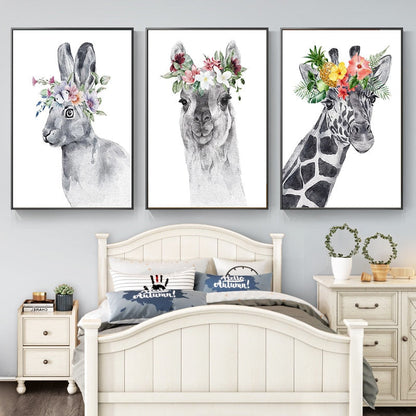 Horse Bunny Llama Giraffe Cat and Flowers Wall Art Canvas