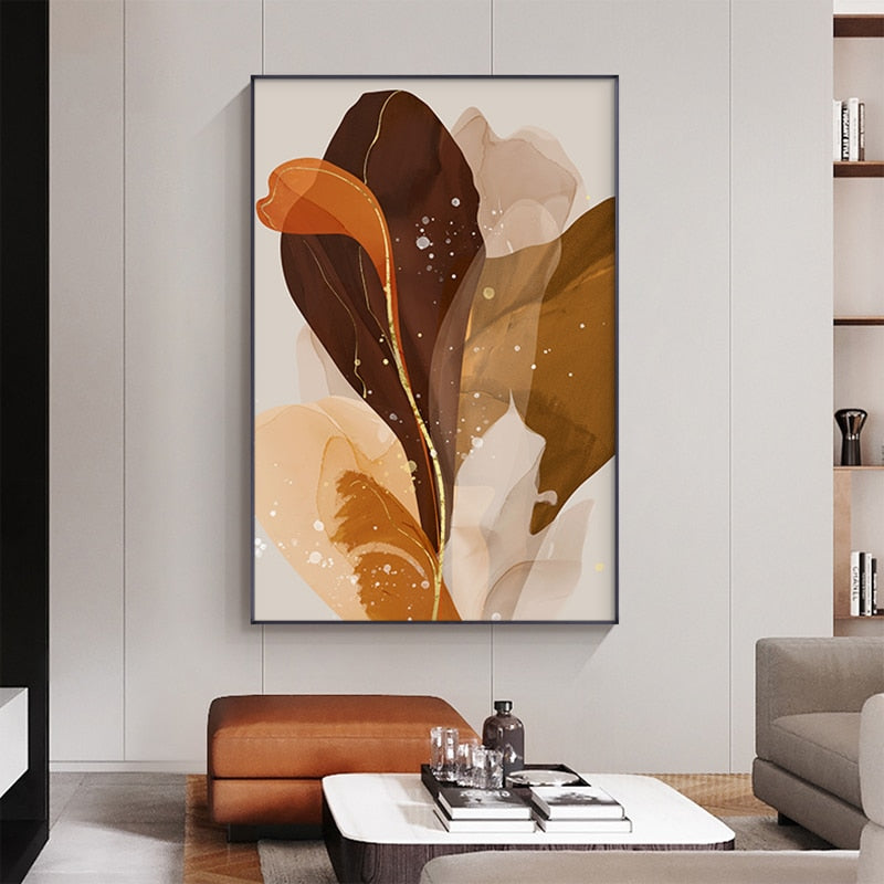 Abstract Beige Brown Gray Feather Flowers Canvas Art