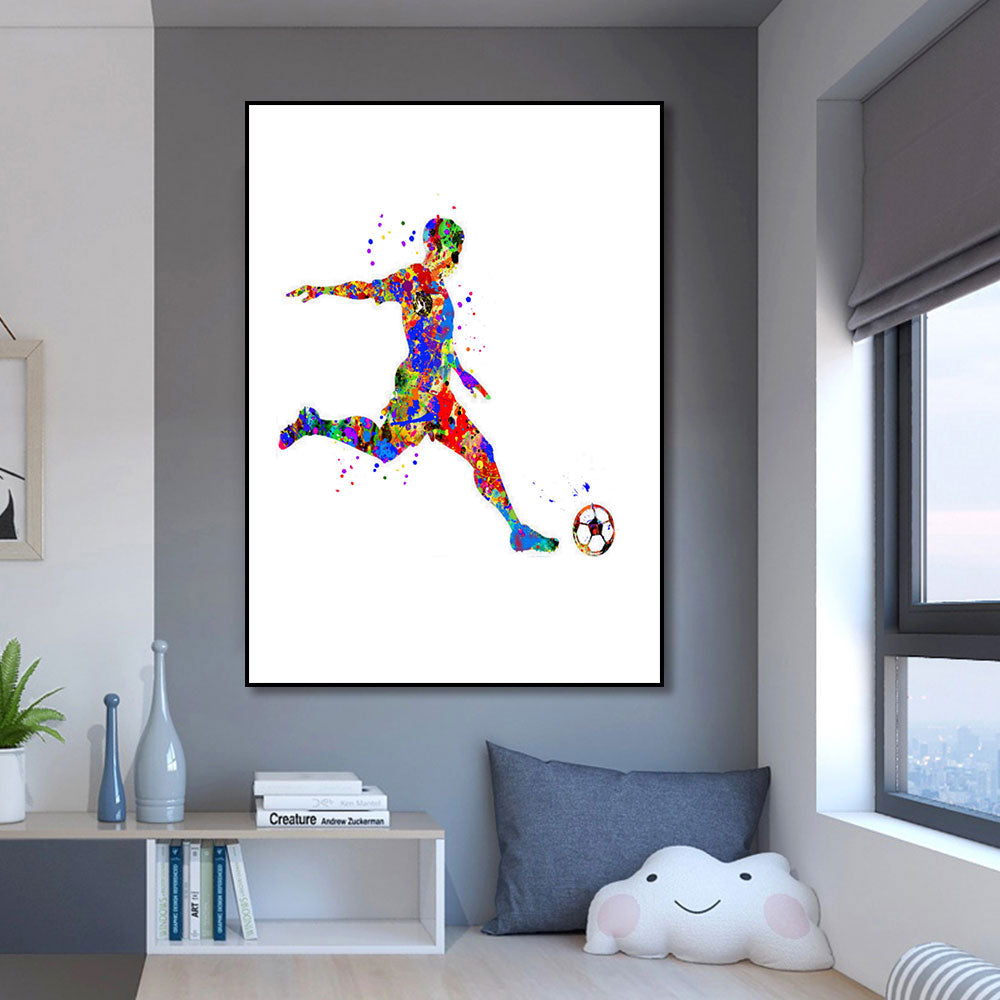 Boy Play Soccer Football Watercolor Sport Canvas Art