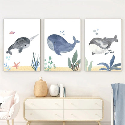 Watercolor Whale Fish Jellyfish Sea Turtle Nursery Wall Art Canvas