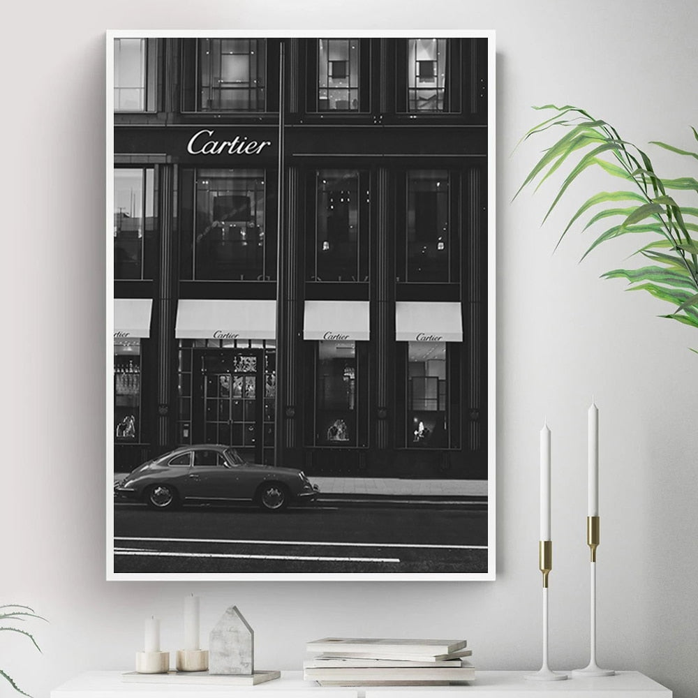 Black and White Paris Champs Elysees Luxury Shop Race Car Canvas Art