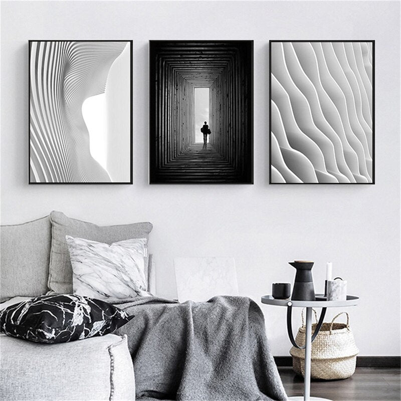 Black White Abstract Wave Building Canvas Art