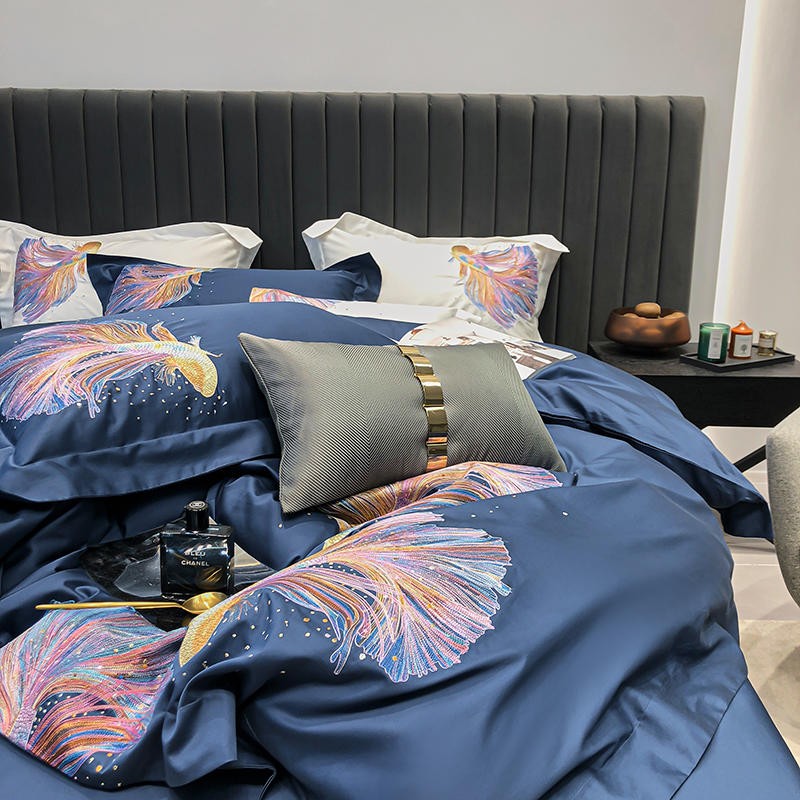 Blue Koi Embroidery Duvet Cover Bedding Set