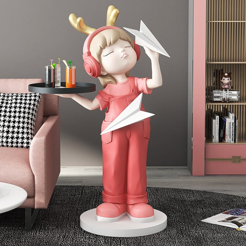 Girl Paper Plane Large Statue with Tray