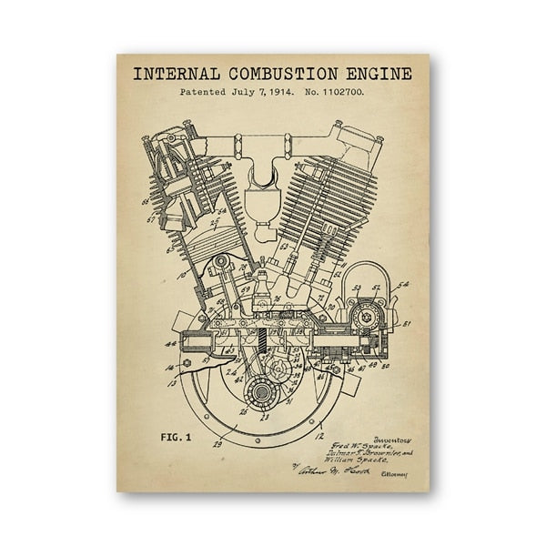 Internal Combustion Engine Blueprint Patent Canvas Art