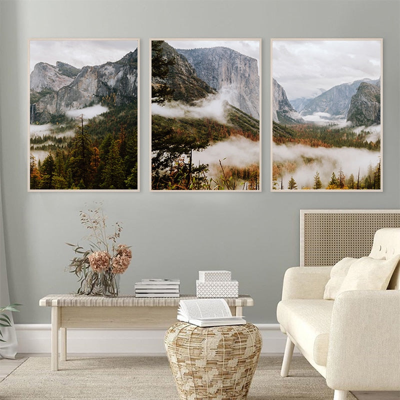 Scenery Cloudy Fog Mountain and Forest Canvas Art