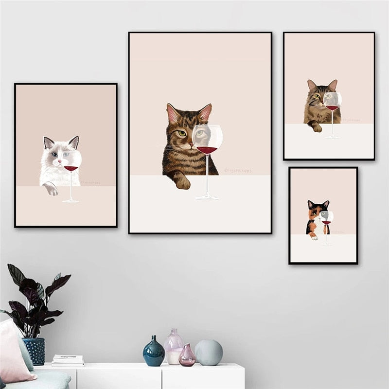 Funny Cute Cat Drink Red Wine Wall Art Canvas