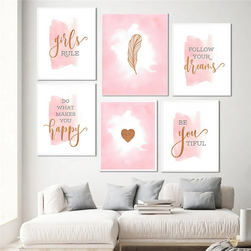 Pink Heart Feather Motivational Canvas Art