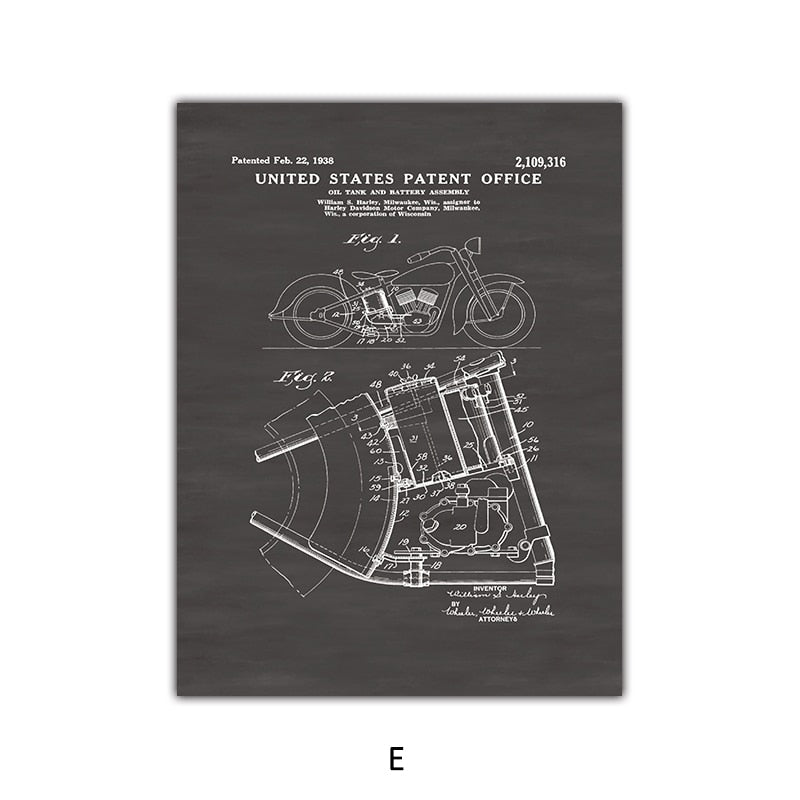 Retro Motorcycle Blueprint Canvas Art