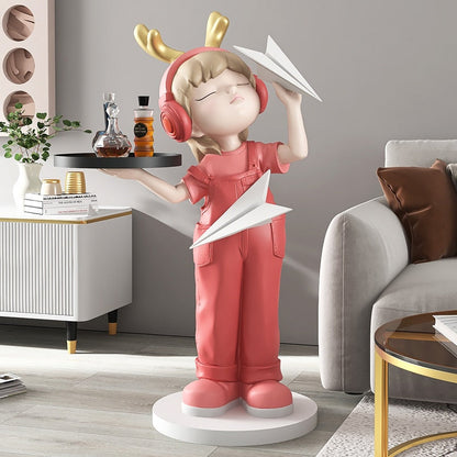 Girl Paper Plane Large Statue with Tray