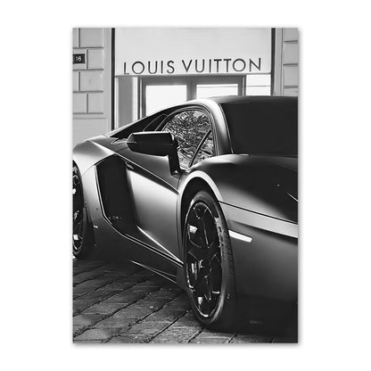 Black and White Paris Champs Elysees Luxury Shop Race Car Canvas Art