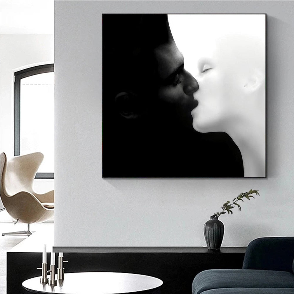 Black and White Lovers Kiss Canvas Art