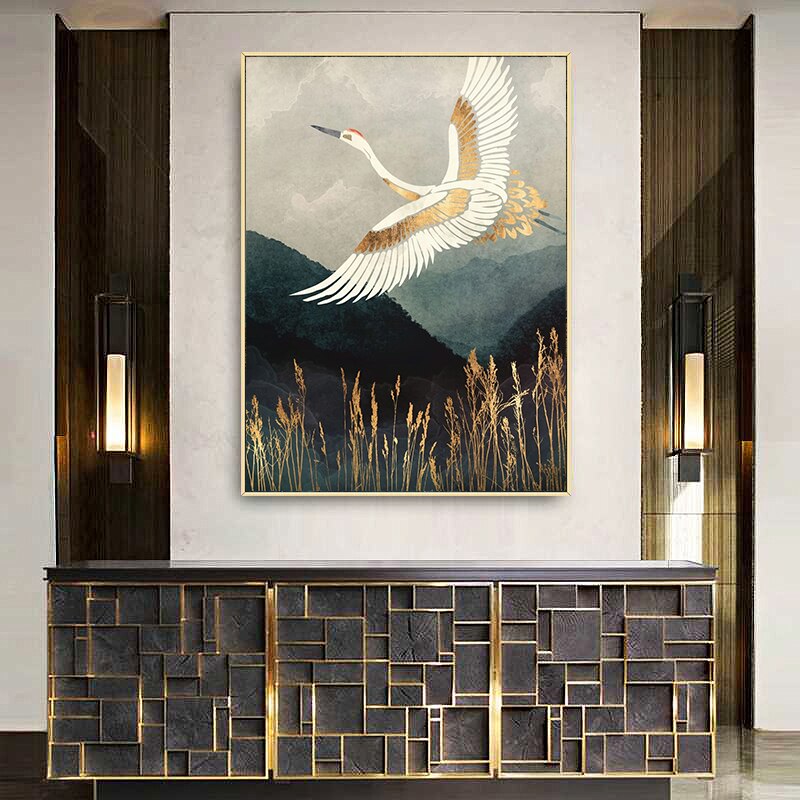 Chinese Style Golden Crane Canvas Art