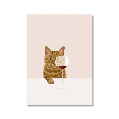 Funny Cute Cat Drink Red Wine Wall Art Canvas