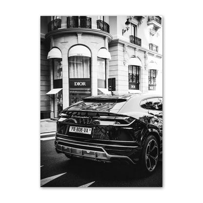 Black and White Paris Champs Elysees Luxury Shop Race Car Canvas Art