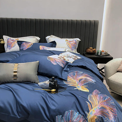 Blue Koi Embroidery Duvet Cover Bedding Set