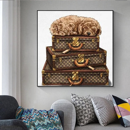 Luxury Vintage Louis Vuitton Luggage Dog Canvas Art