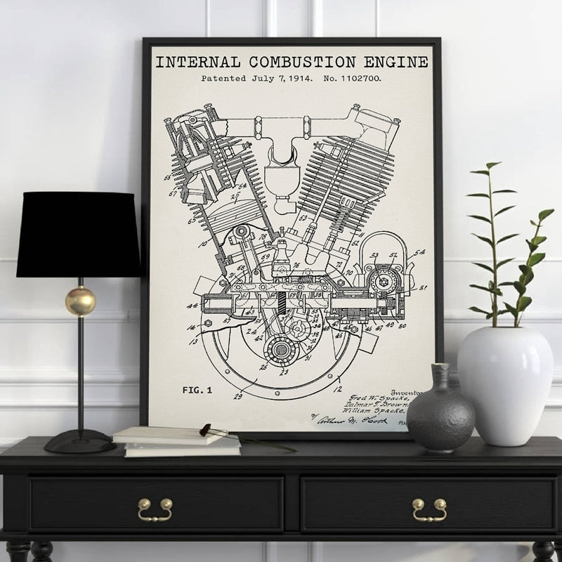 Internal Combustion Engine Blueprint Patent Canvas Art