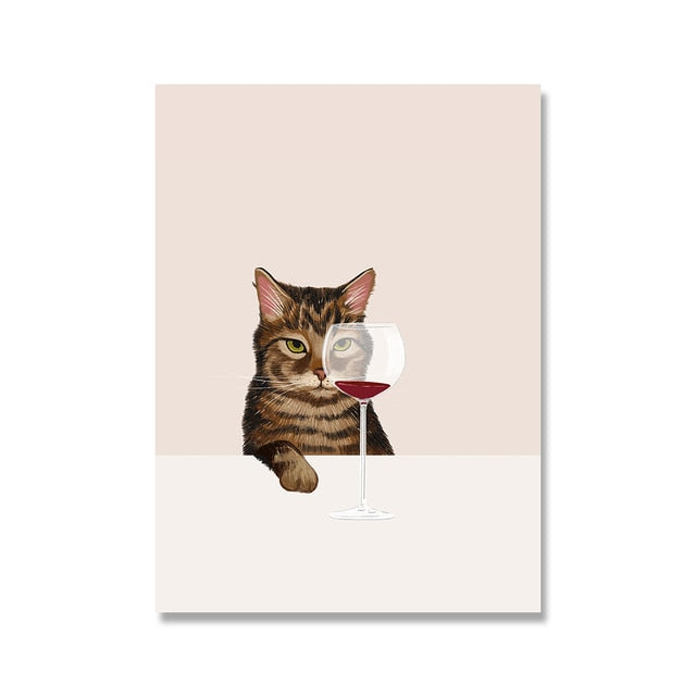 Funny Cute Cat Drink Red Wine Wall Art Canvas