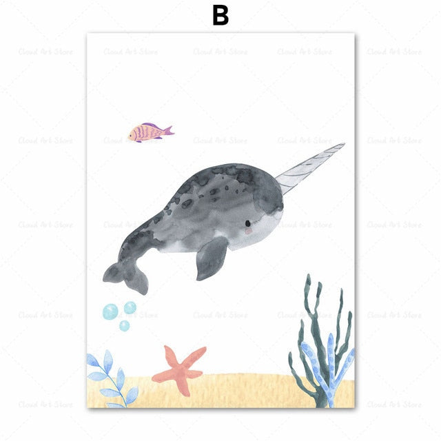 Watercolor Whale Fish Jellyfish Sea Turtle Nursery Wall Art Canvas