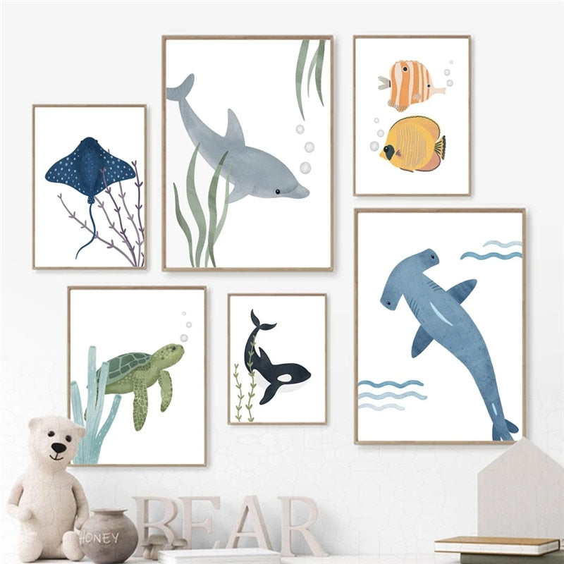 Whale Dolphin Sea Turtle Fish Coral Nursery Room Canvas Art