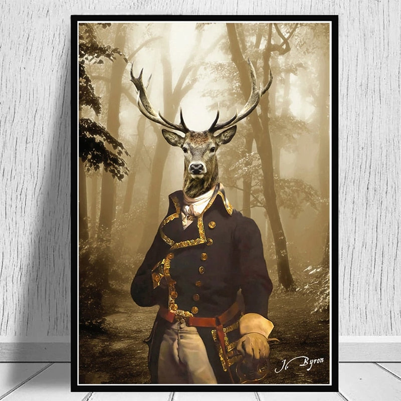 Animal Suit Deer in Foggy Forest Canvas Art