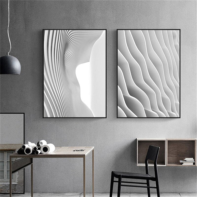 Black White Abstract Wave Building Canvas Art