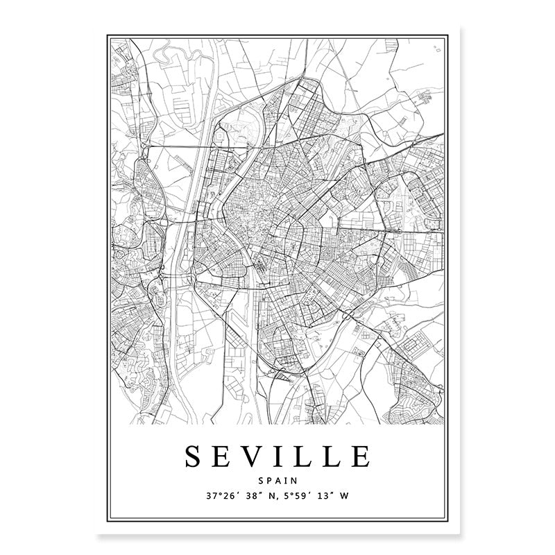 Spain City Map Barcelona Madrid Malaga Seville Canvas Art