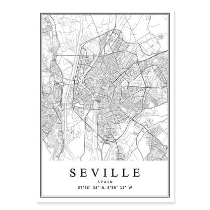 Spain City Map Barcelona Madrid Malaga Seville Canvas Art