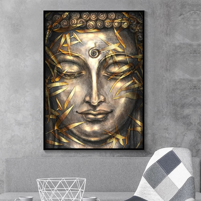 Modern Bronze Buddha Bamboo Leaves Canvas Art