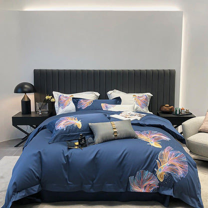 Blue Koi Embroidery Duvet Cover Bedding Set