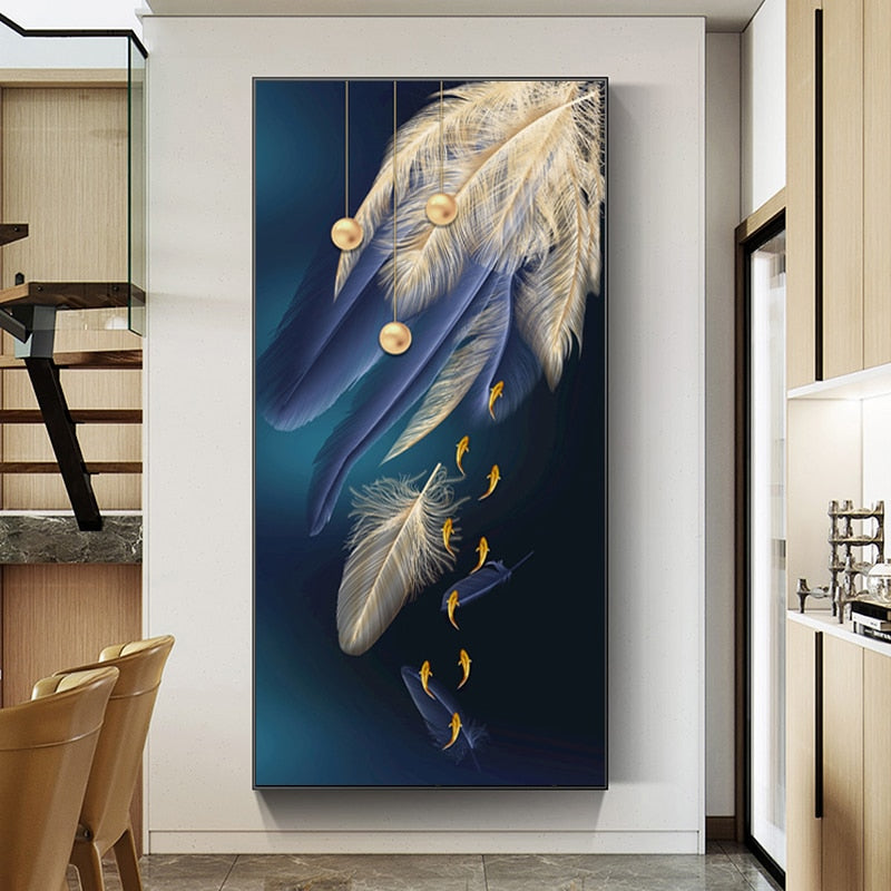 Gold Fish and Blue Feather Canvas Art