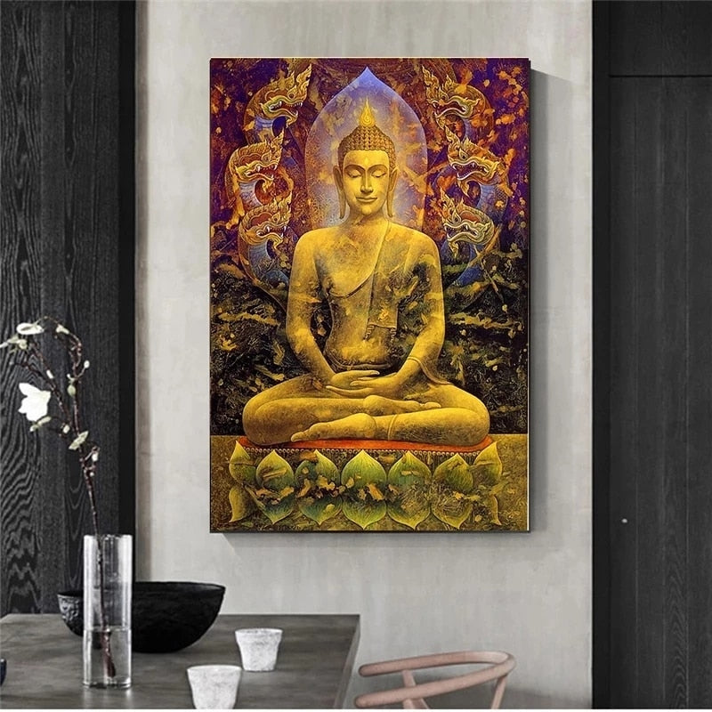 Golden Buddha Statue Dragon Canvas Art