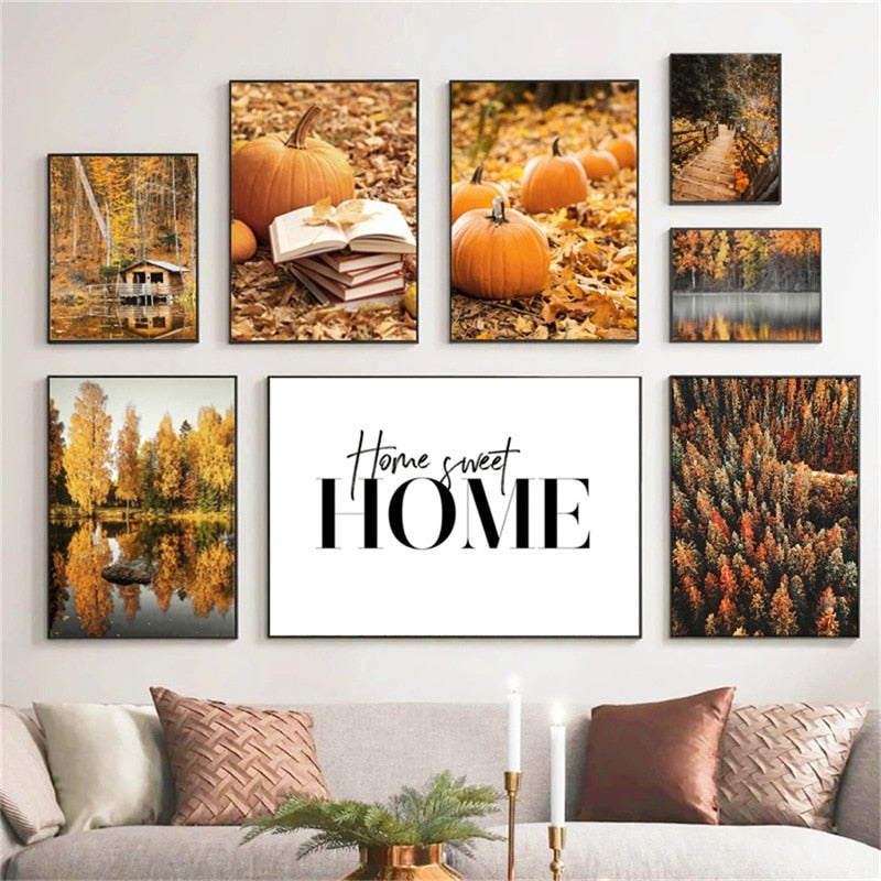 Autumn Forest Pumpkin Maple Leaves Canvas Art