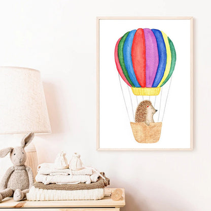 Hot Air Balloon Cartoon Hedgehog Nursery Canvas Art