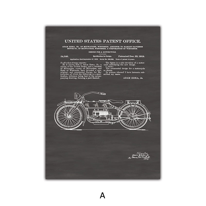 Retro Motorcycle Blueprint Canvas Art