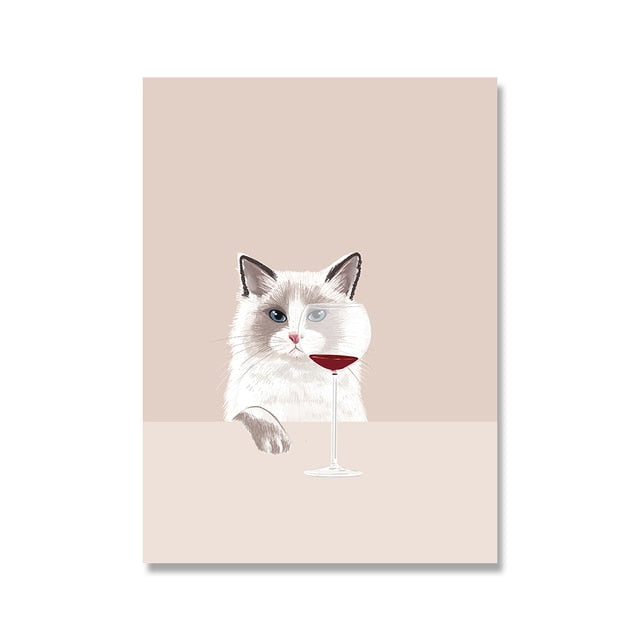 Funny Cute Cat Drink Red Wine Wall Art Canvas