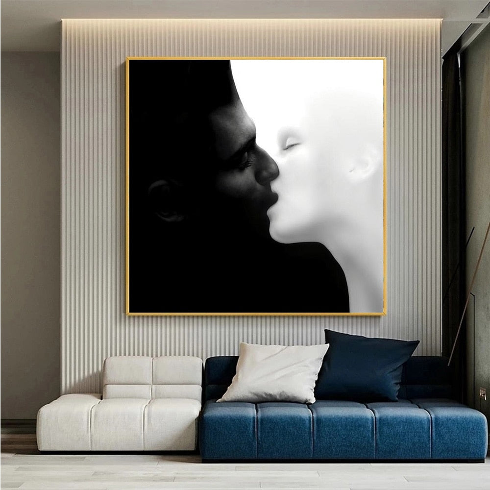 Black and White Lovers Kiss Canvas Art