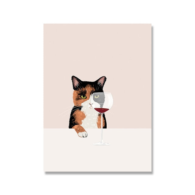 Funny Cute Cat Drink Red Wine Wall Art Canvas