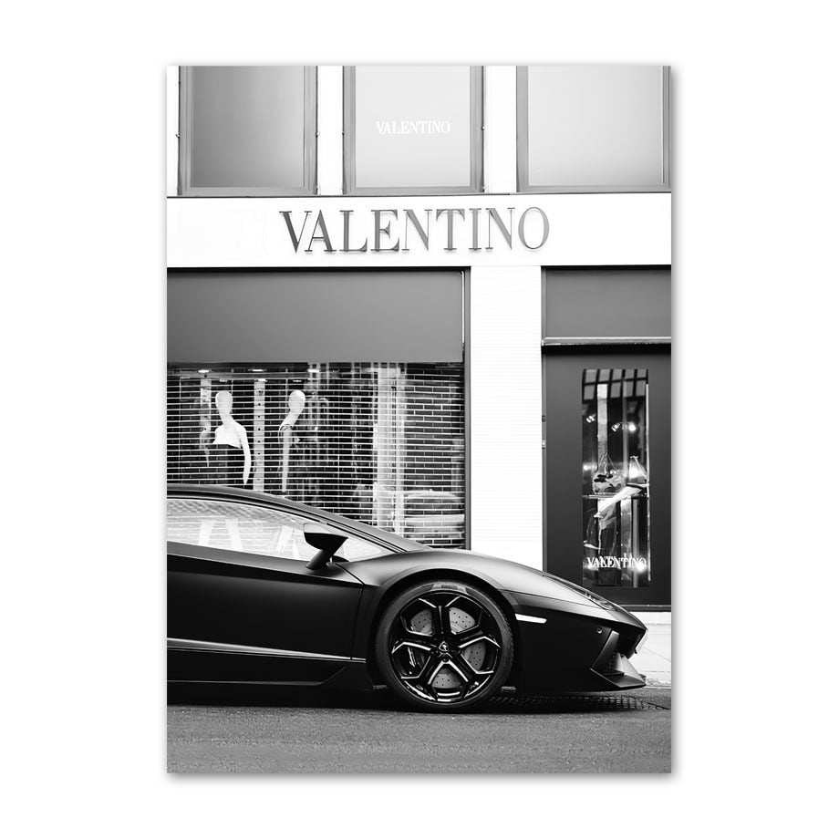 Black and White Paris Champs Elysees Luxury Shop Race Car Canvas Art