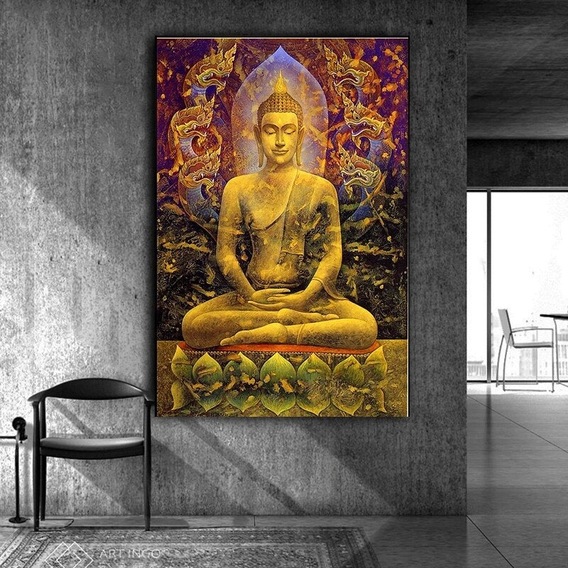 Golden Buddha Statue Dragon Canvas Art