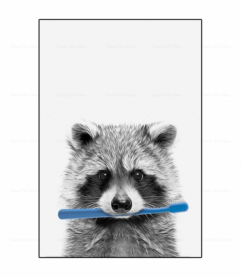 Black and White Animal Brushing Teeth Canvas Art