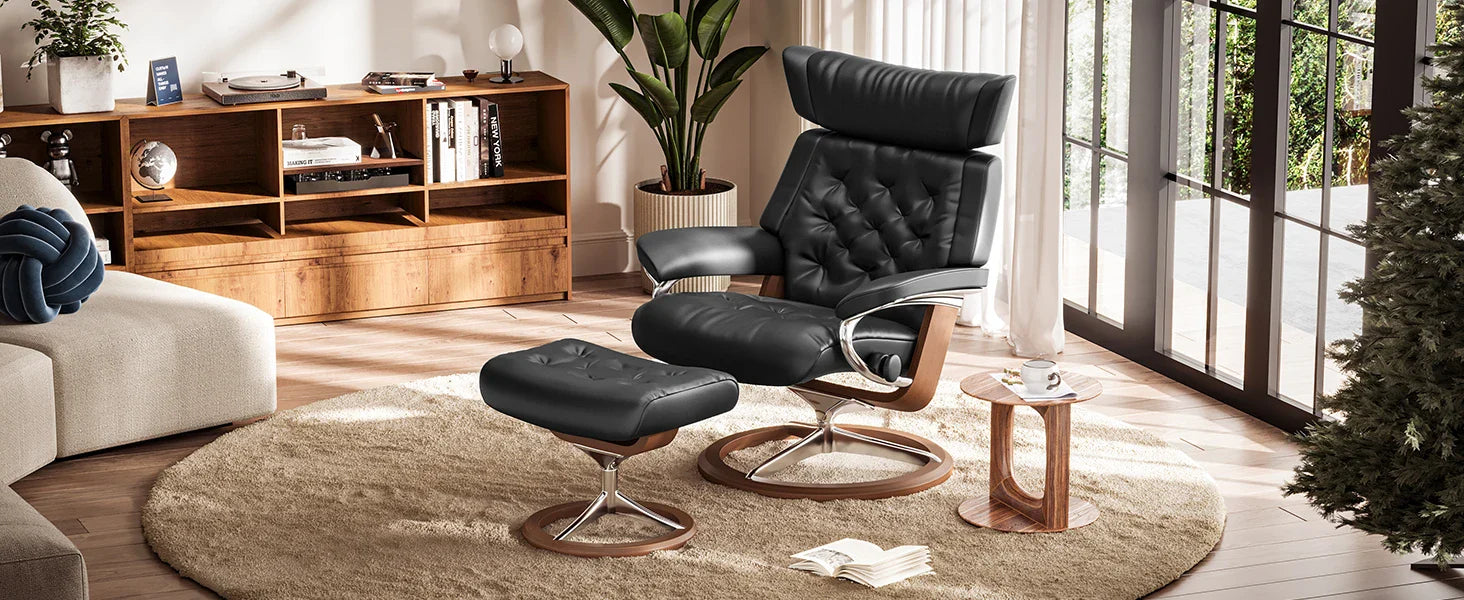 Stressless Ergonomic Genuine Leather Swivel Recliner with Ottoman