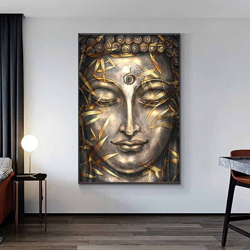 Modern Bronze Buddha Bamboo Leaves Canvas Art