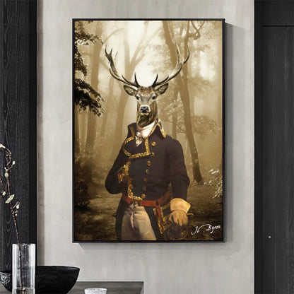 Animal Suit Deer in Foggy Forest Canvas Art